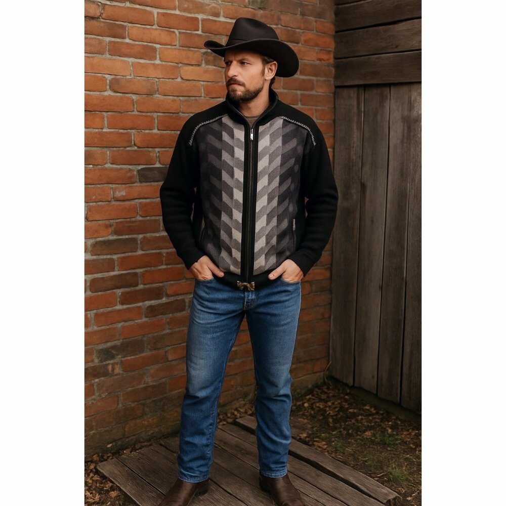 Vtg Silversilk Mens Geometric Knit Zip Jacket XXL Ranch Western Urban Country